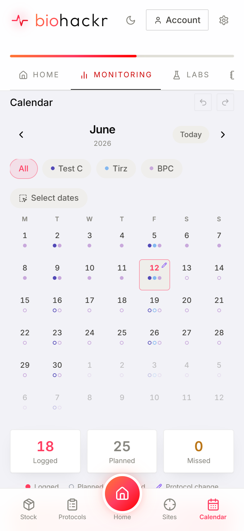 Biohackr calendar on iPhone with logged and planned doses color-coded by compound