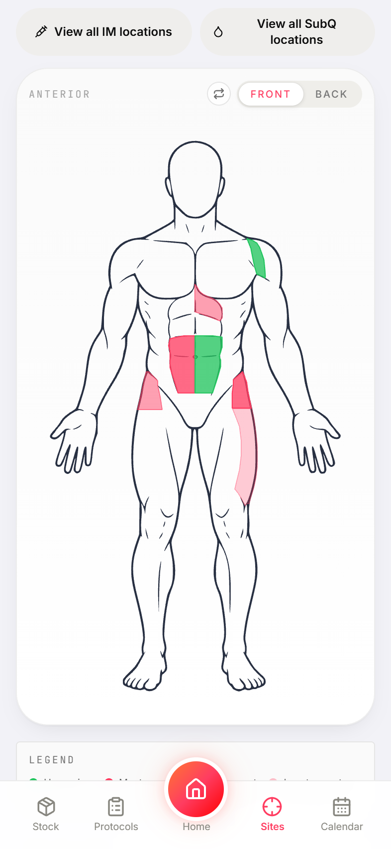 Biohackr injection-site map on iPhone with the next site in green and the most recent in red