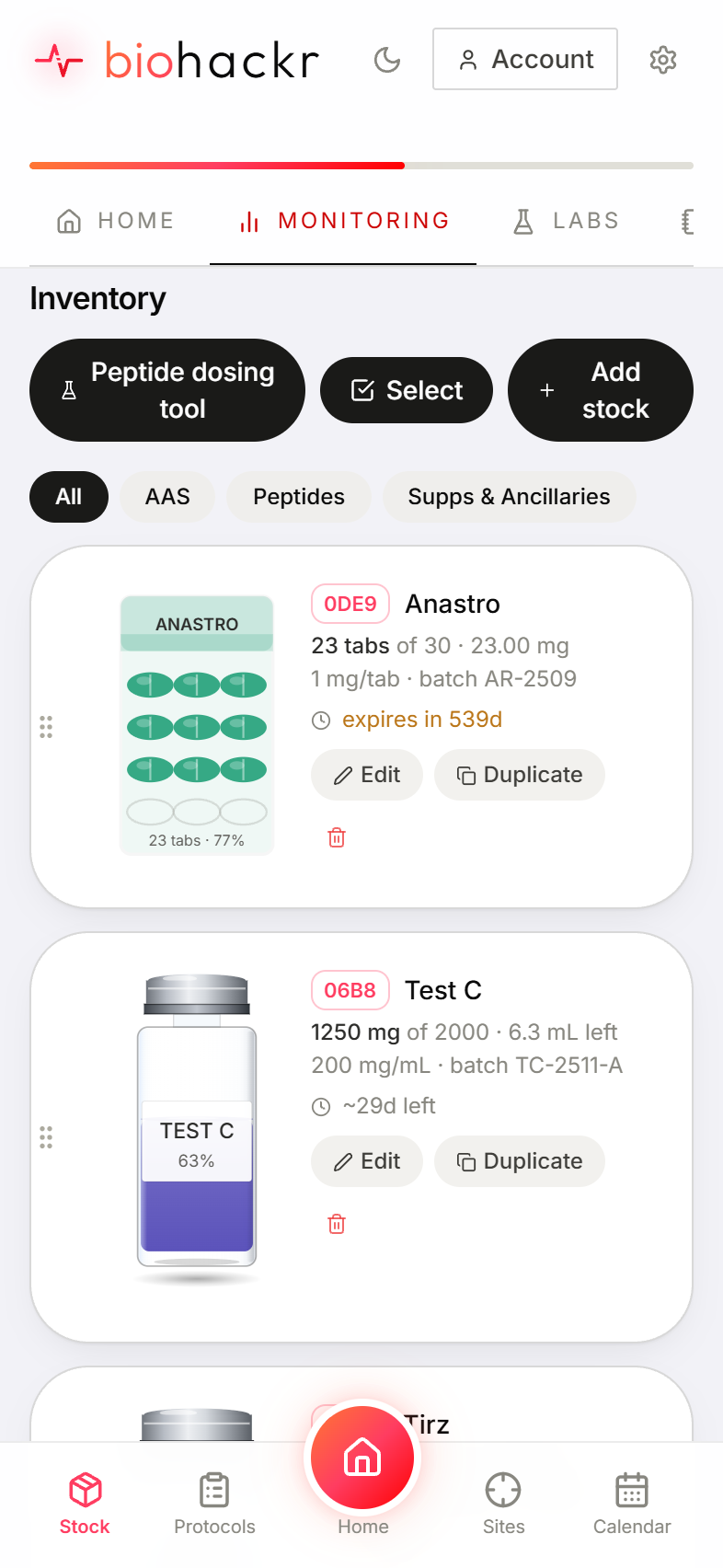 Biohackr inventory on iPhone with a Test C vial, a Tirzepatide vial, and an Arimidex pill bottle